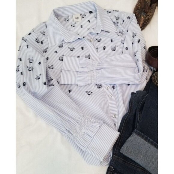 Cabi Blue Floral Pinstripe Button Up Shirt Smocked Ruffled Sleeve Women Sz M - Picture 1 of 12